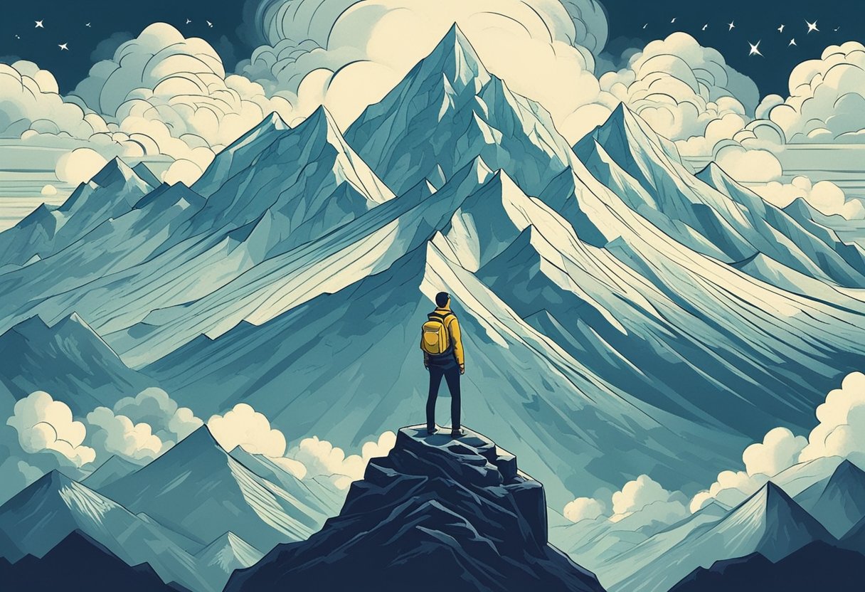 A person standing on a mountain peak, facing a storm with determination and strength, symbolizing resilience and the ability to overcome challenges