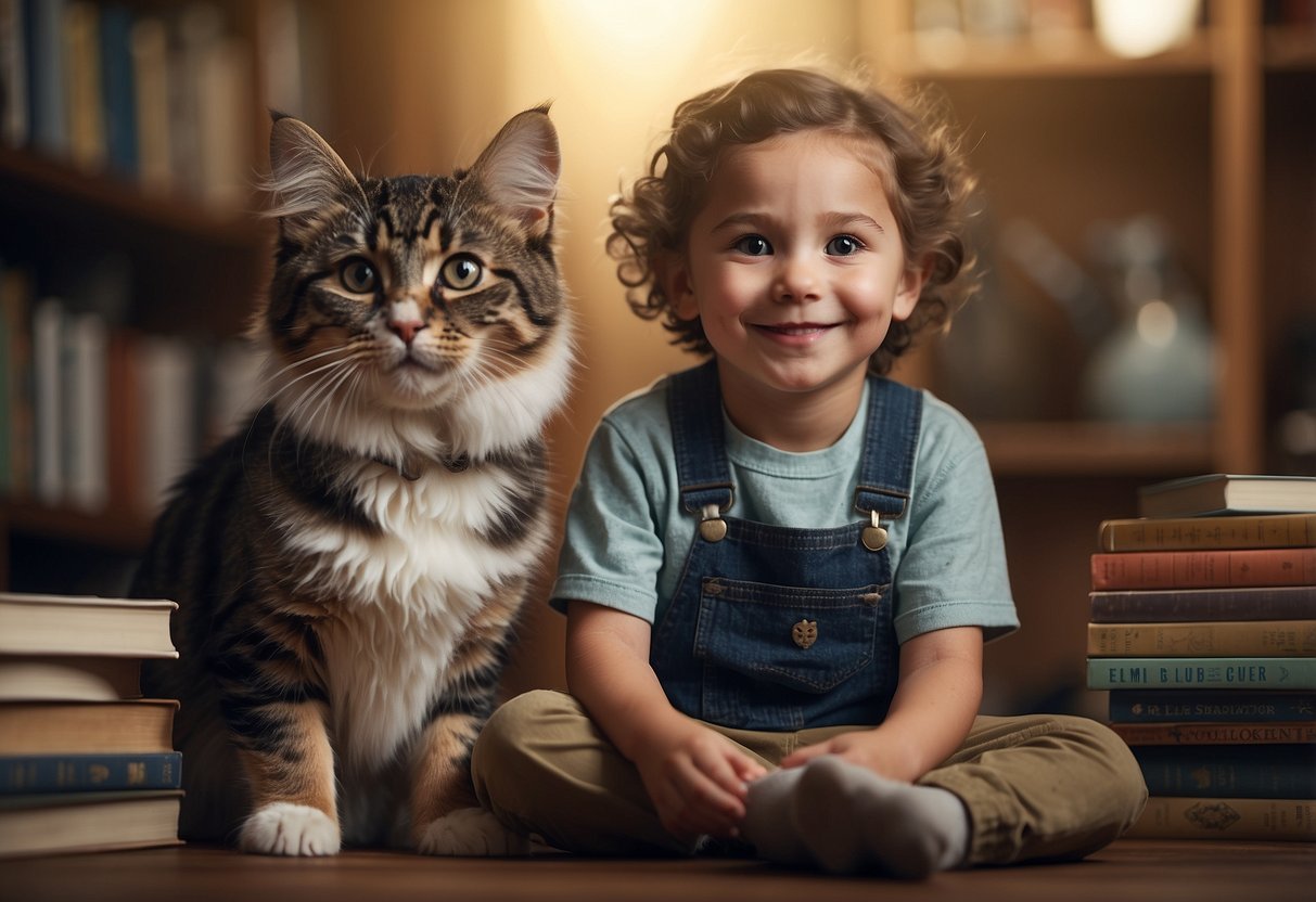 A child and a pet sit together, surrounded by books about pets. The child looks excited as they learn about how to introduce a new pet