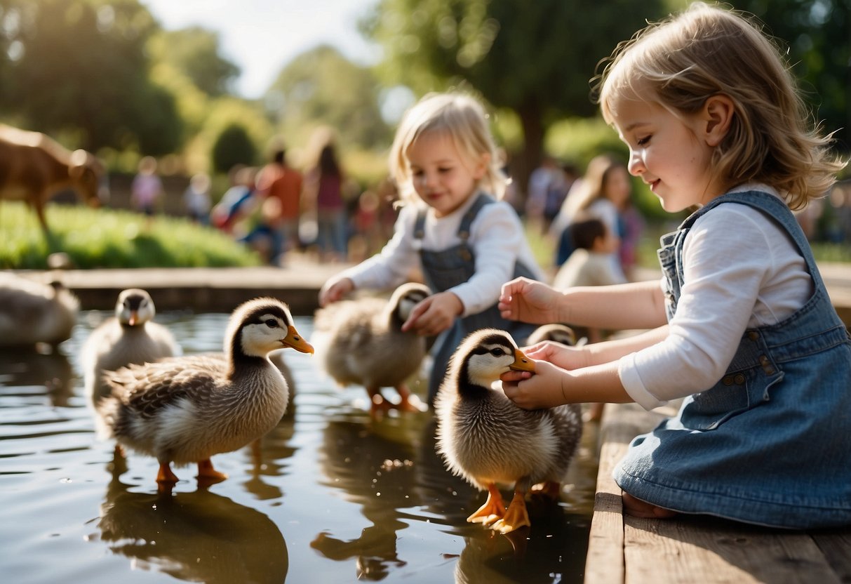 Children feeding and petting animals at a lively petting zoo. Ducks waddle around a pond as goats and sheep eagerly approach for attention