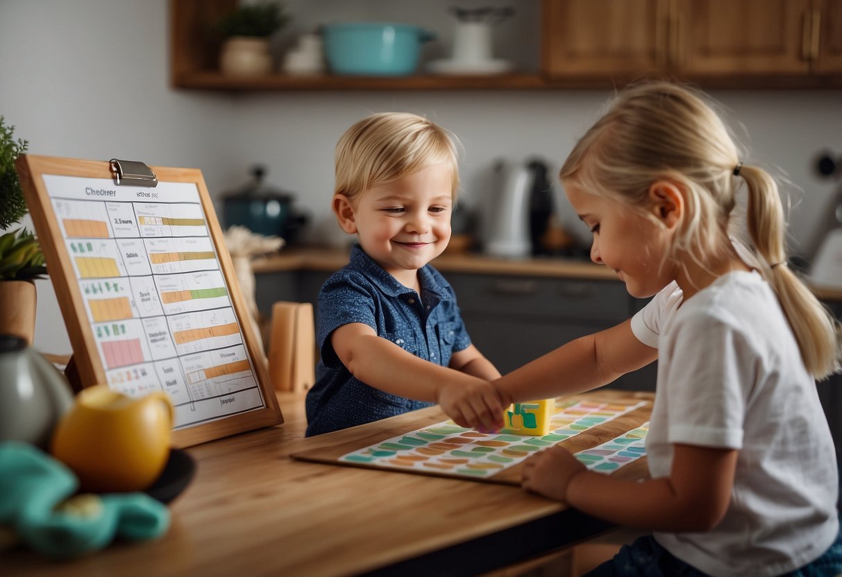 A child's chore chart with simple tasks like feeding, grooming, and cleaning up after a pet. A happy pet and child bonding over their new responsibilities