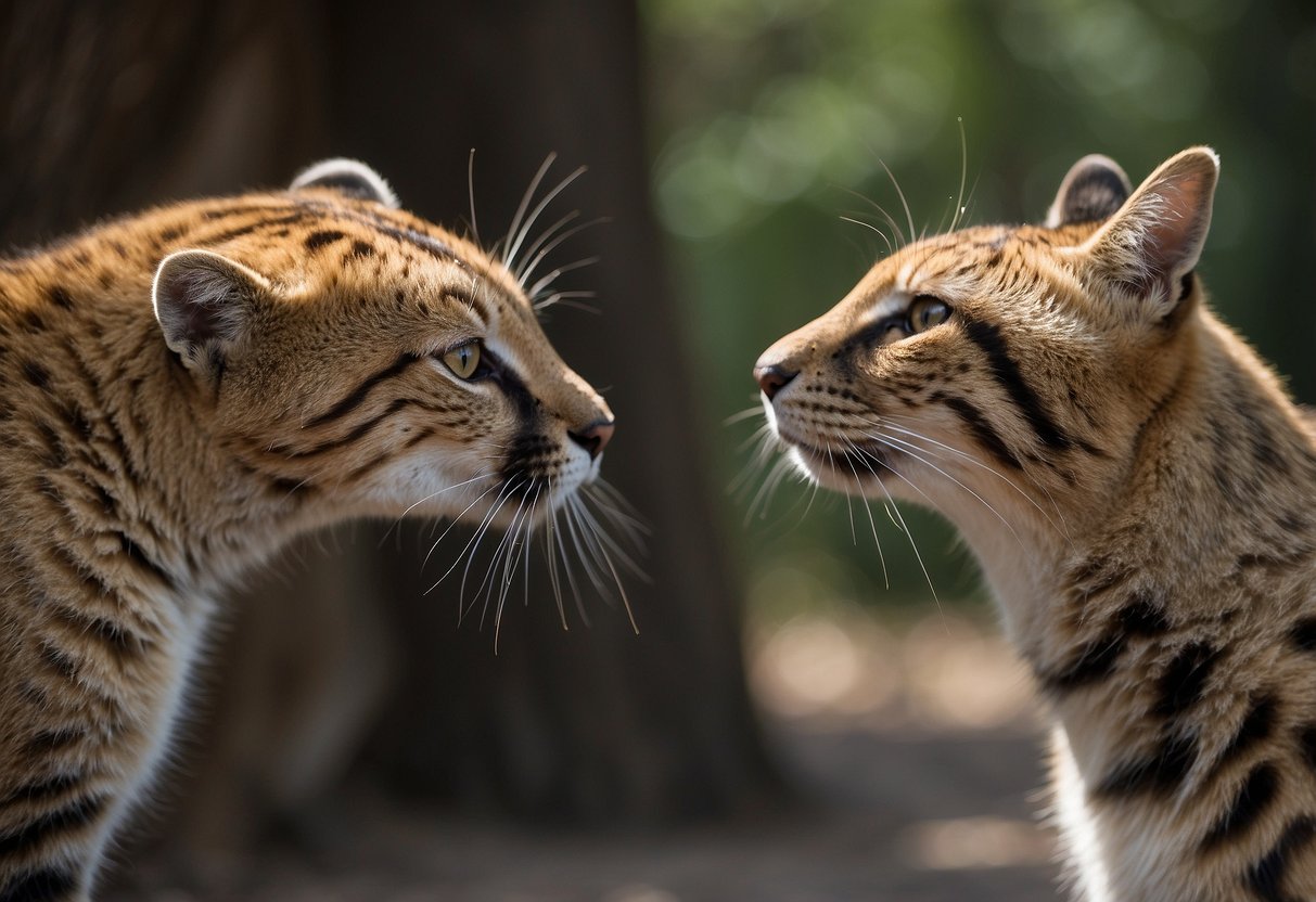 Two animals meet in a neutral space. One is curious, the other cautious. They approach slowly, sniffing and observing each other's body language