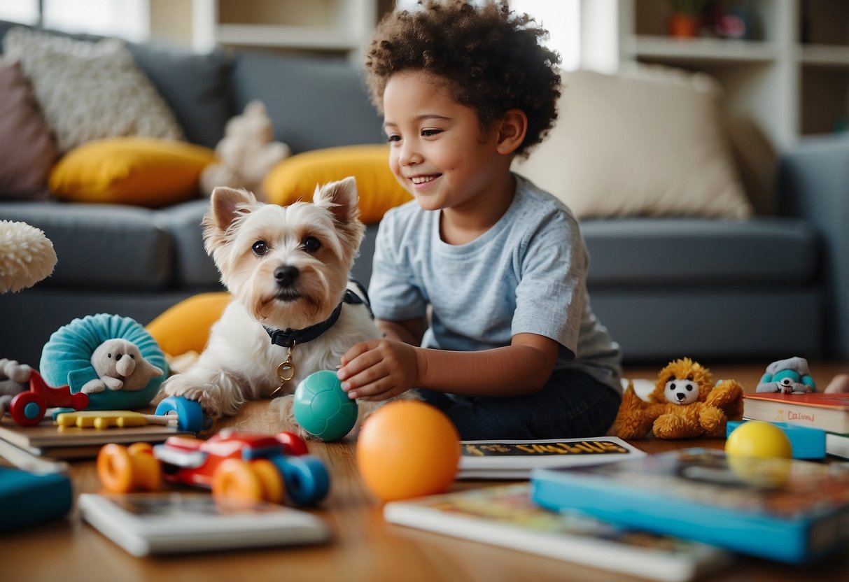 A pet and a child sit peacefully together, surrounded by toys and books. The pet appears calm and content, while the child looks excited and engaged