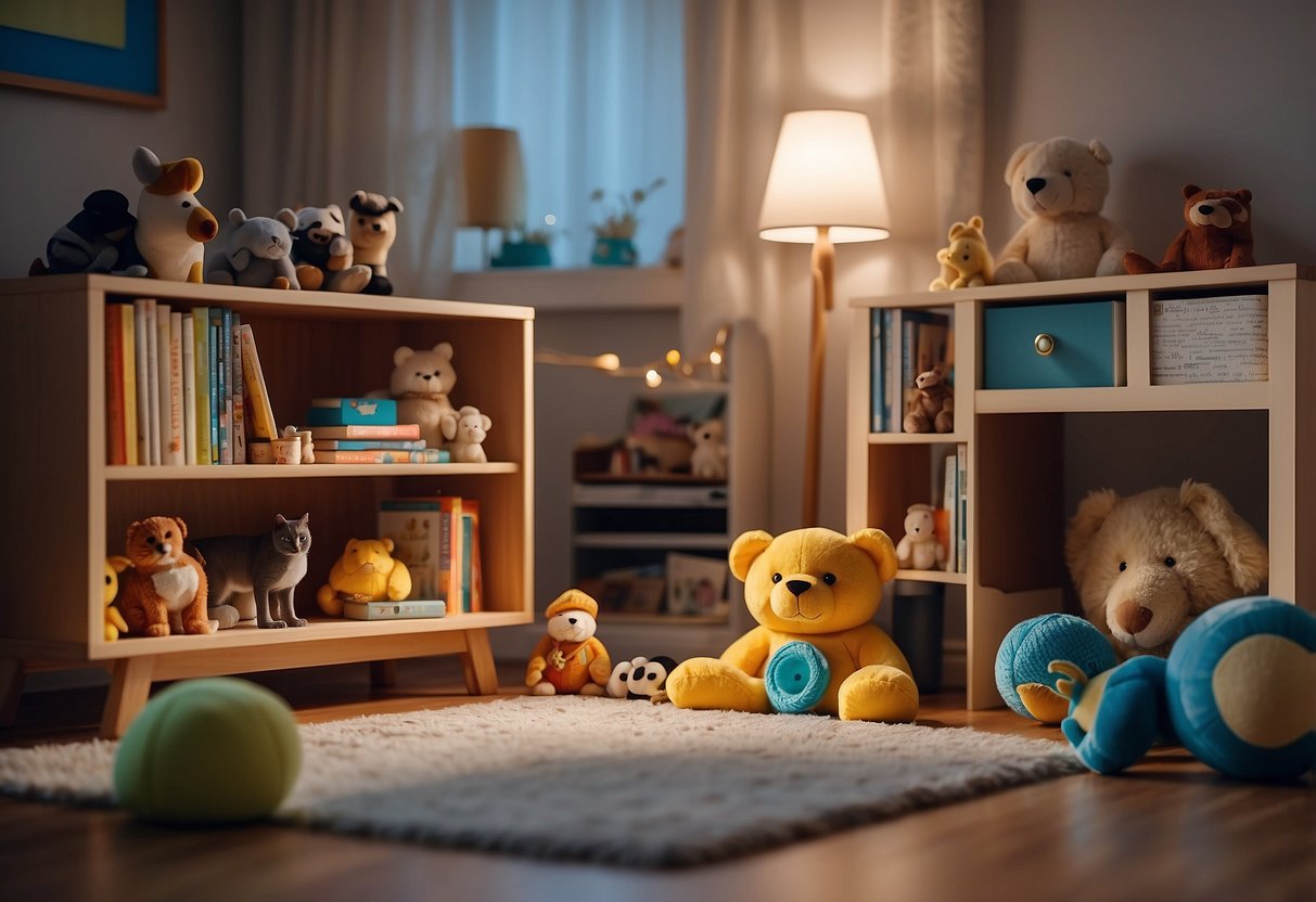 A cozy living room with toys and pet supplies scattered around. A child's bedroom with a new pet bed and a book about caring for animals on the nightstand