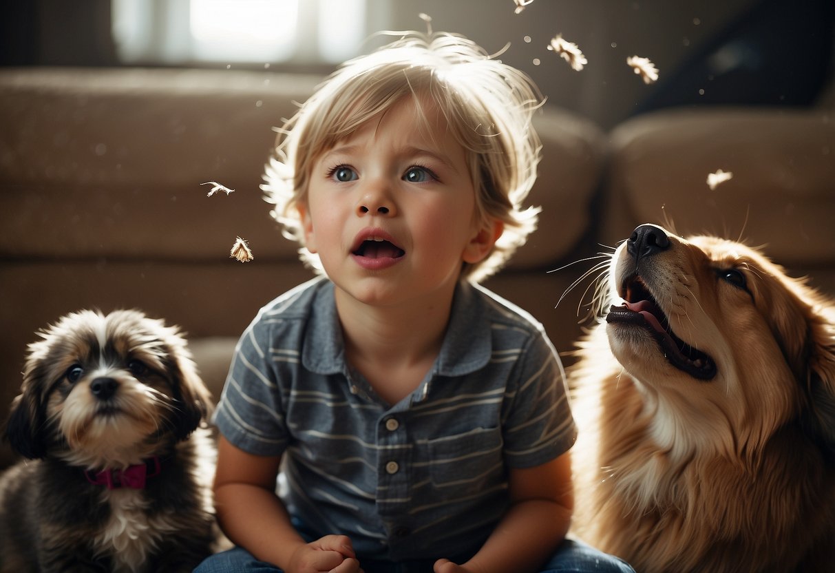 A child surrounded by pets, sneezing and rubbing itchy eyes. Pets' hair and dander floating in the air. Parent observing with concern