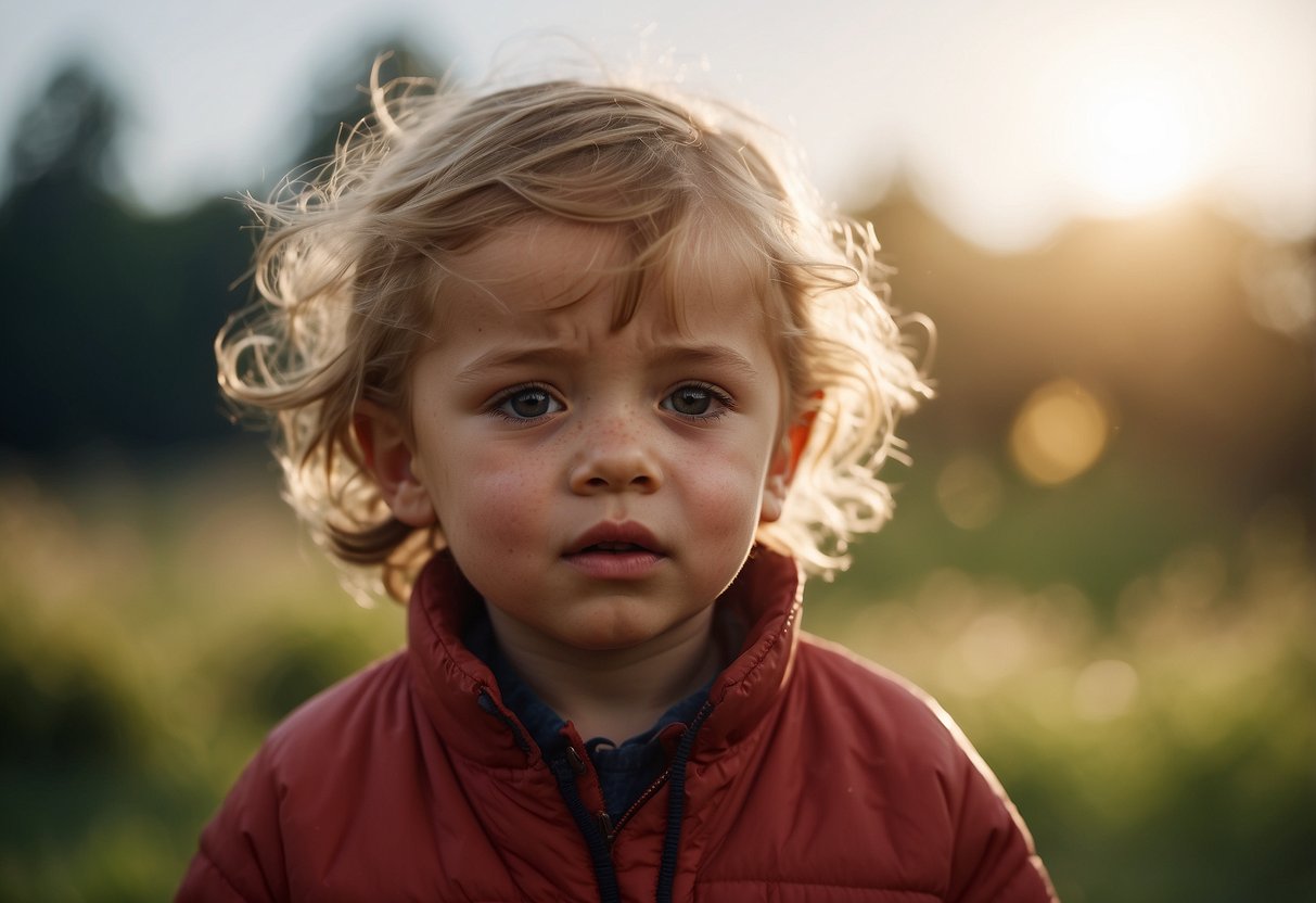 A child's red, irritated skin with raised bumps and a persistent itch, surrounded by pet hair and dander in the air