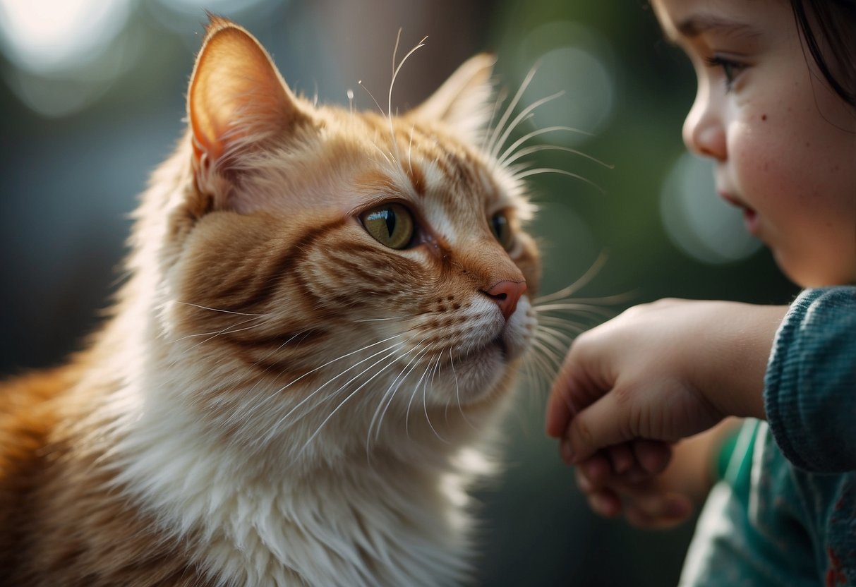 A cat's fur brushes against a child's arm, causing red, raised hives to appear on the skin