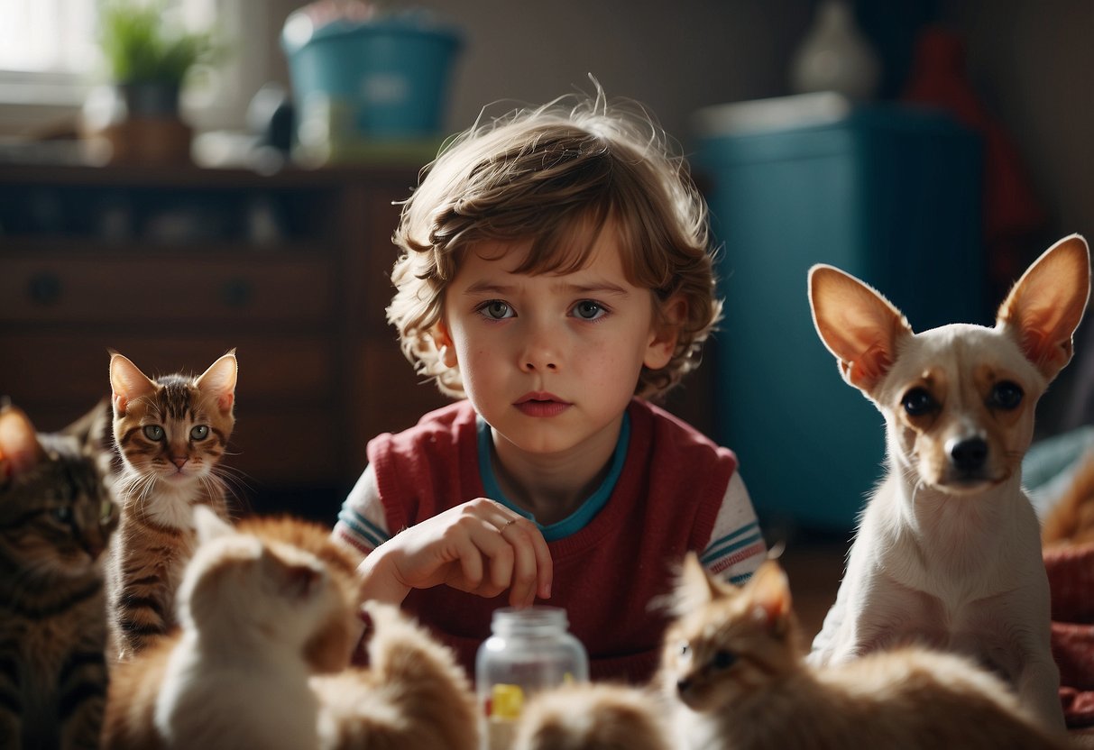 A child with red, swollen ears, surrounded by pets. Tissues and medicine bottles scattered nearby. Parent looking concerned