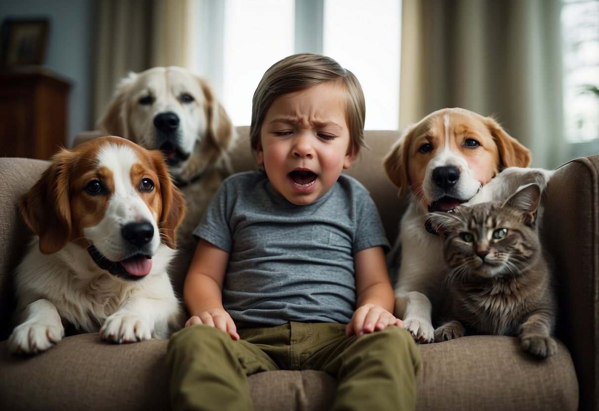 A child sits slumped in a chair, surrounded by pets. They rub their itchy eyes and yawn, struggling with fatigue