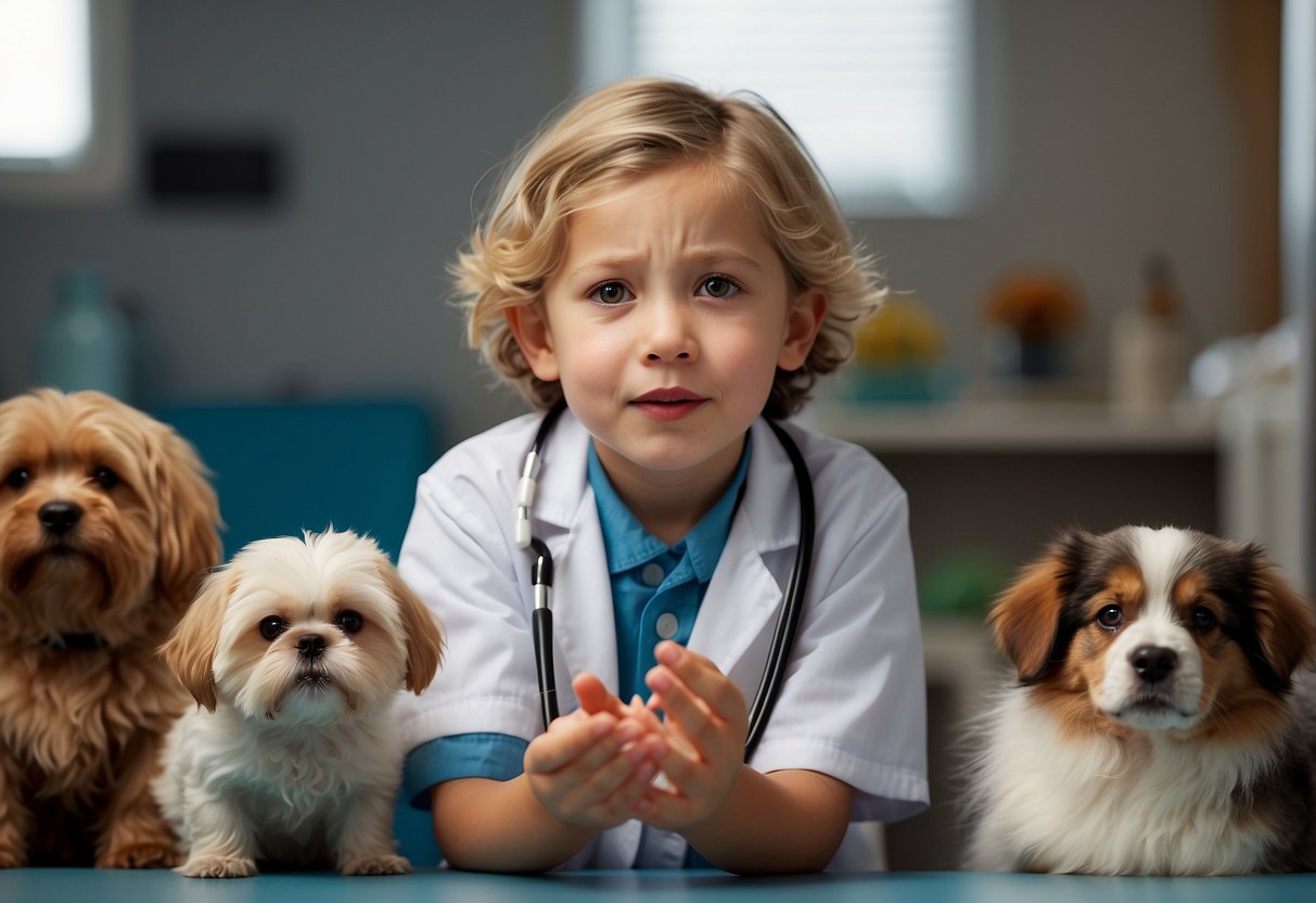 A child surrounded by pets, showing signs of allergies. Sneezing, watery eyes, and scratching. A doctor conducting tests and providing guidance