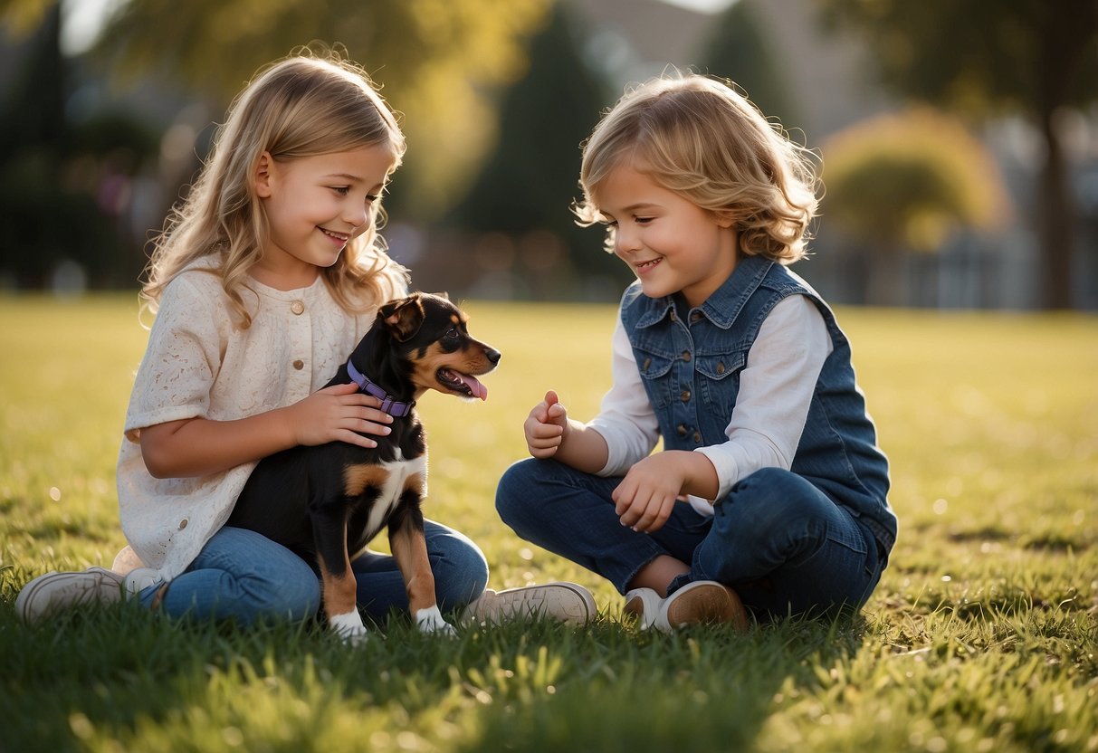 Children and pets interact peacefully in a safe environment. Pets are supervised and children are taught how to approach and handle them gently