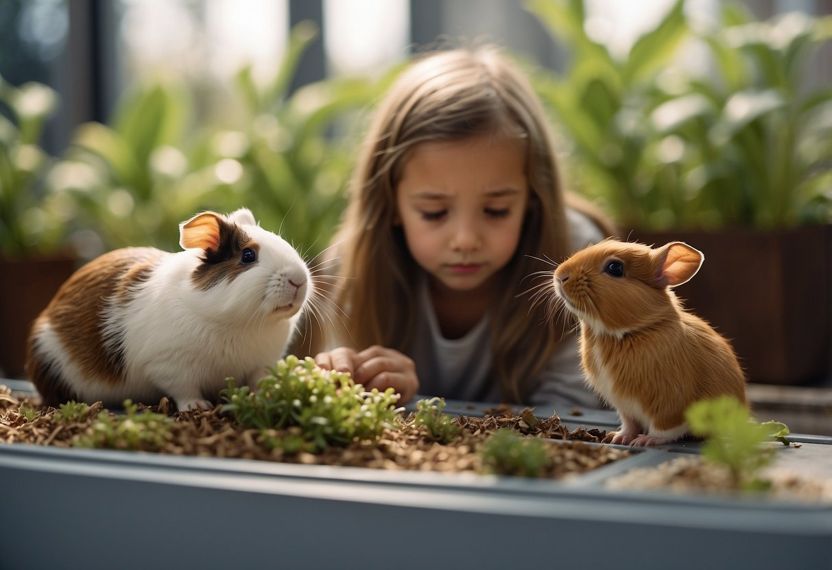 Children petting a calm dog, feeding a gentle rabbit, watching a bird from a distance, observing a fish in a tank, and gently holding a guinea pig