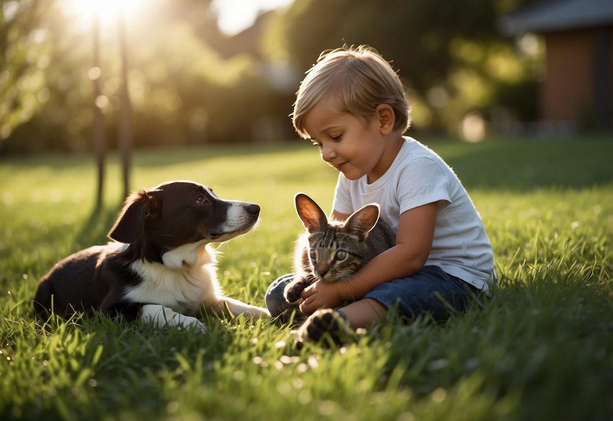 A child sitting on the grass, gently petting a calm dog. A cat lounging nearby, while a bird perches on a branch. A rabbit nibbling on some greens, and a turtle basking in the sun