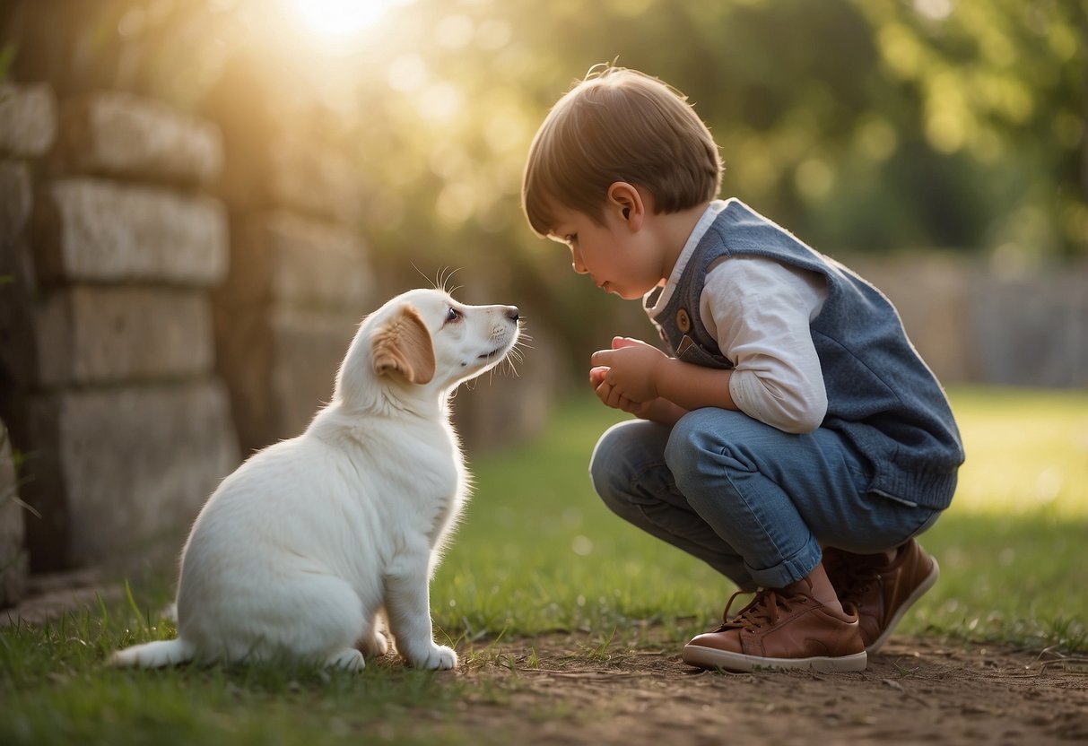 Children petting a calm dog, feeding a gentle horse, observing a rabbit, learning to approach a cat, and watching a bird from a safe distance