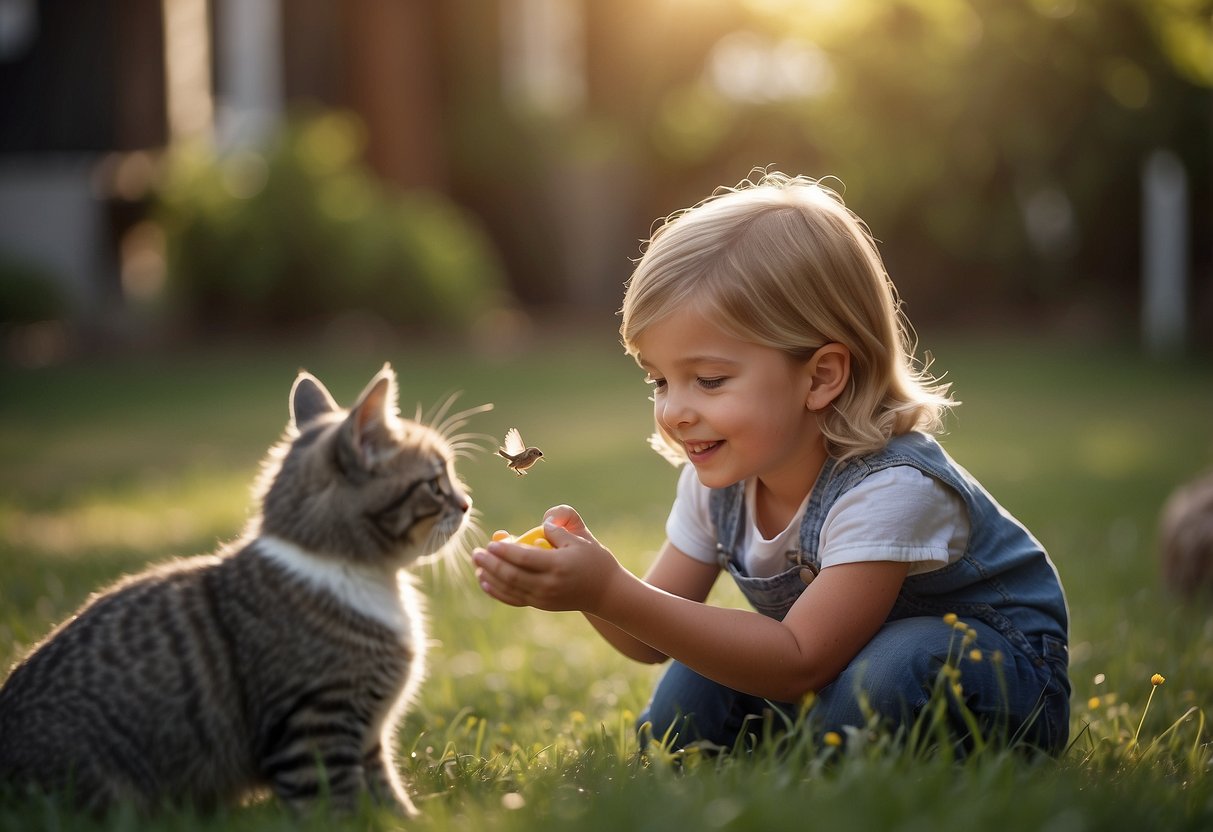 Children petting a calm dog, feeding a gentle rabbit, observing a bird from a safe distance, playing with a cat using a wand toy, and approaching a horse with caution