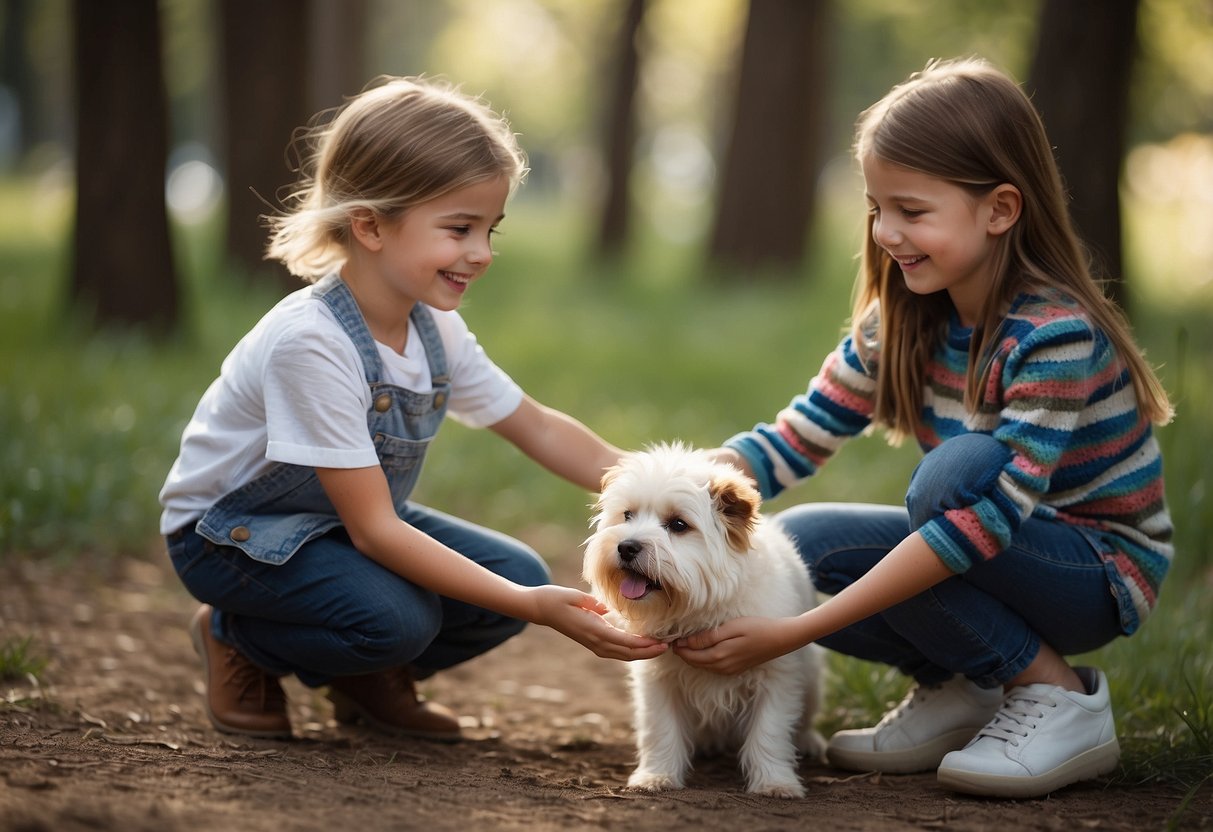 Children learning to interact safely with animals through gentle petting, using calm voices, and respecting their space. Demonstrating proper handling and approaching techniques