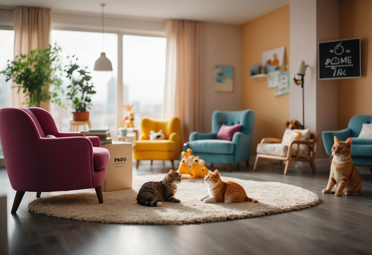 A room with clear signs designating it as a pet-free zone. Toys and furniture arranged to ensure safety for kids and pets