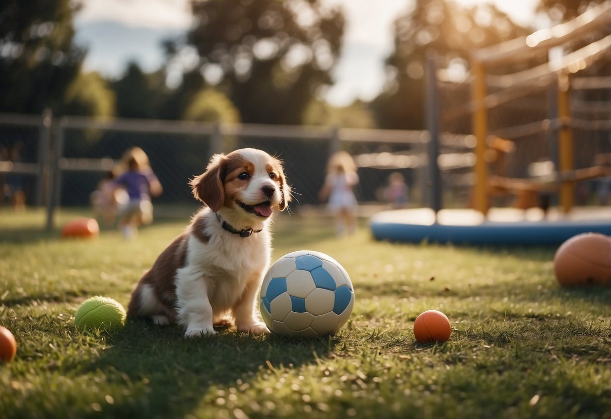 Children and pets play in a fenced outdoor area. Toys and play equipment are scattered around. The area is free from hazards and well-maintained