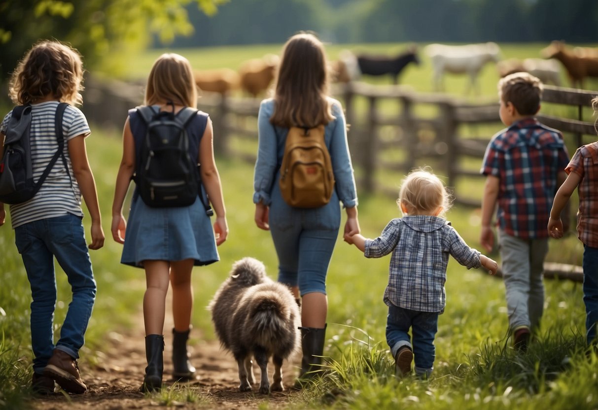 Children explore farm with guide. Animals behind fences. Signs show safety rules. Adults watch closely