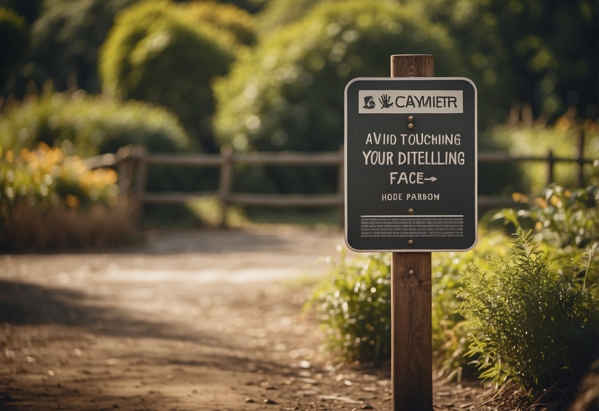 A sign with the words "Avoid touching your face" is prominently displayed at the entrance of a farm or zoo, surrounded by illustrations of animals and plants