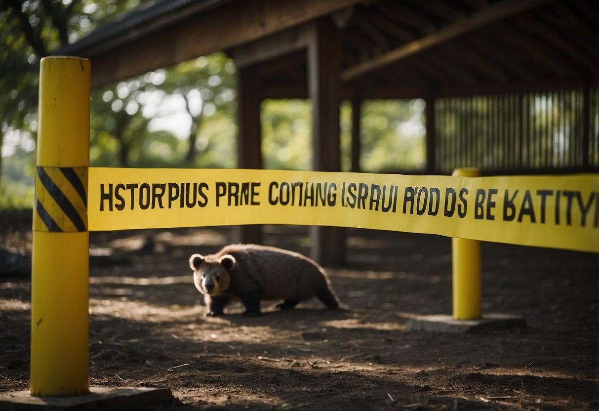 Animals in farm and zoo settings. Signs with safety rules. Visitors reporting unsafe conditions. Caution tape around hazardous areas. Safety measures in place