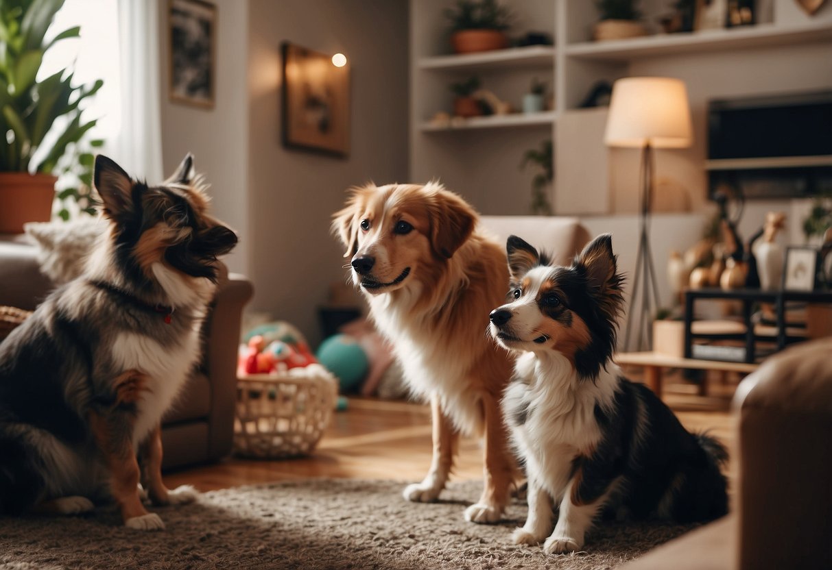 Animals gathered in a cozy living room, with toys and treats scattered around. Gates and barriers separate different pet zones. Family members chat and laugh, keeping a watchful eye on their furry friends