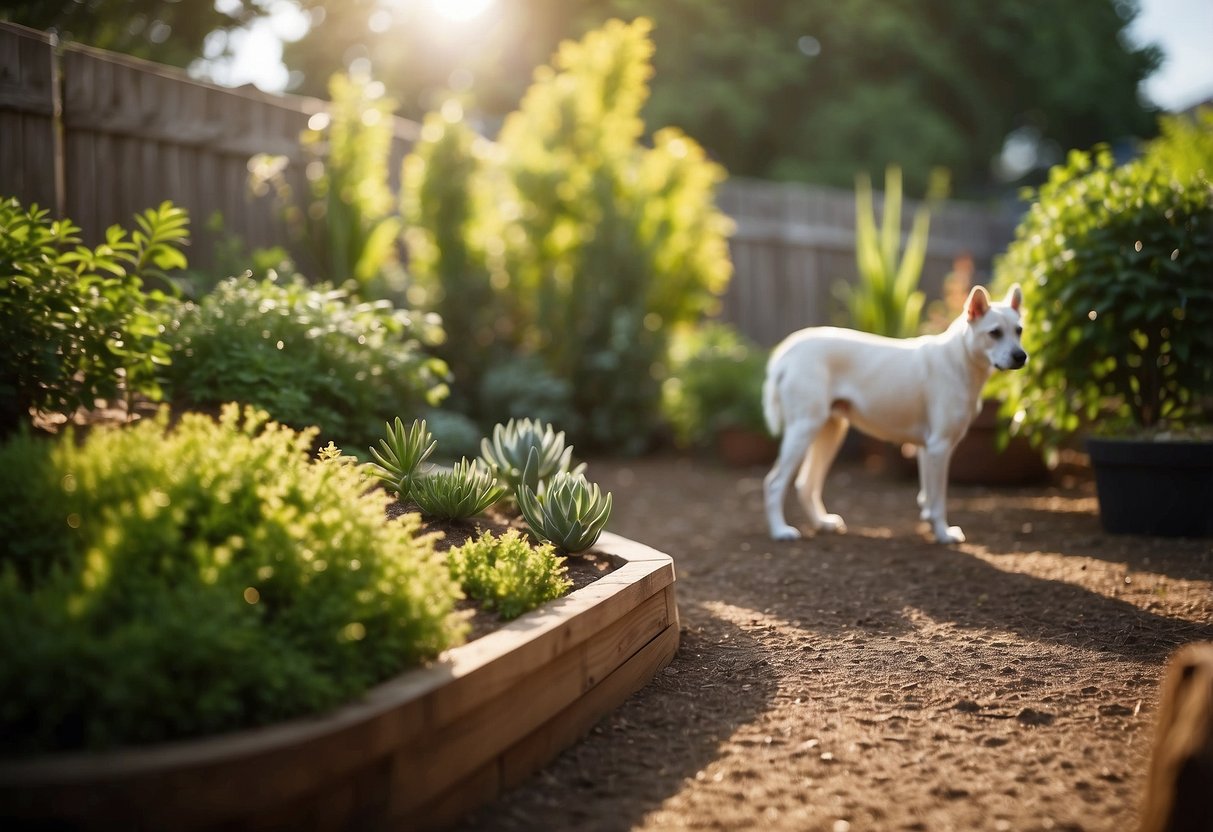 Lush greenery surrounds a spacious, well-maintained backyard with secure fencing and shaded areas. A variety of animal-friendly toys and activities are scattered throughout the area, providing a safe and enjoyable environment for pets