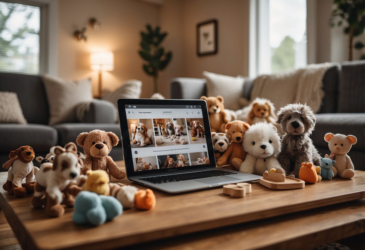 Animals gathered in a cozy living room with pet-friendly toys and treats, while a checklist of emergency contacts and safety tips is displayed on a nearby table