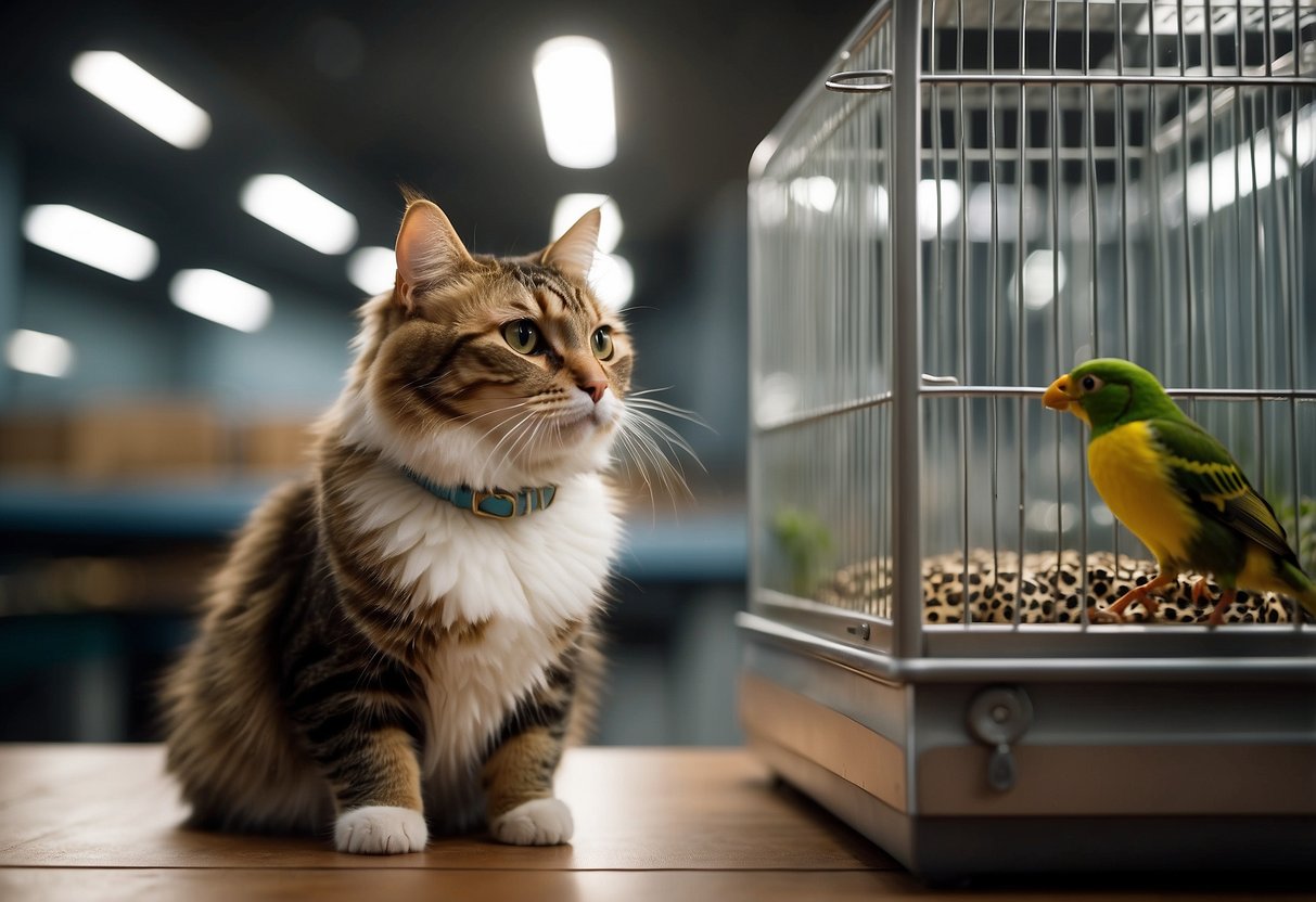 Animals in various settings: a dog being properly identified with a collar and tag, a cat safely indoors, a bird in a secure cage, and a fish in a well-maintained tank