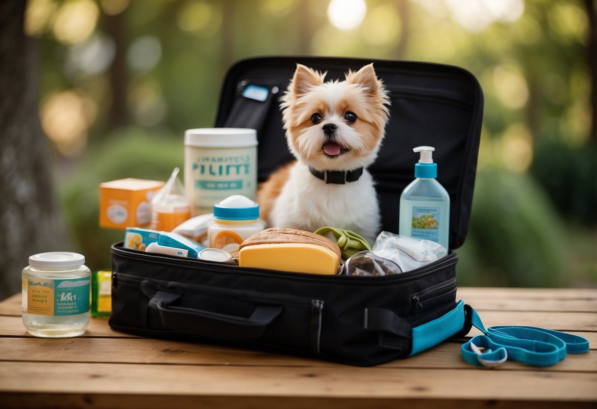 A pet travel kit sits open on a table, filled with essential items like food, water, toys, and a first aid kit. A leash and collar are nearby, ready for use