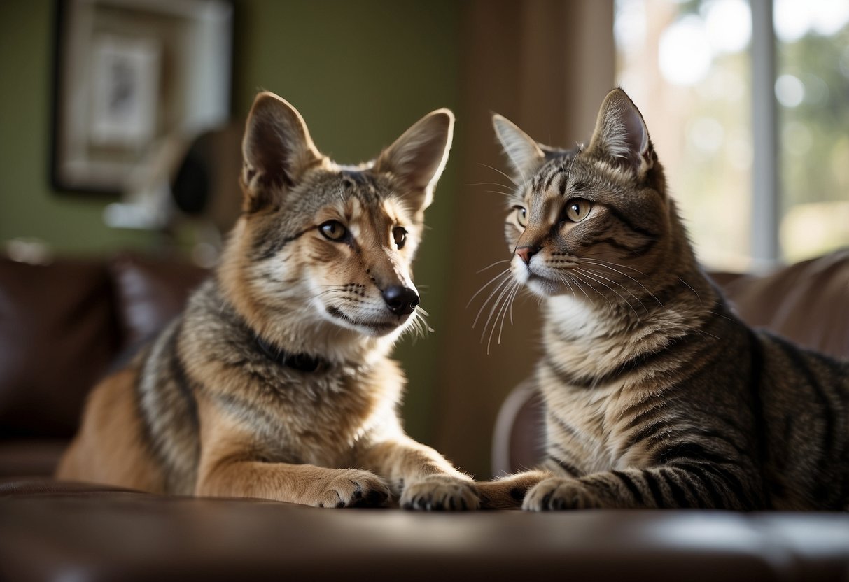 Animals interact peacefully in a home setting, showing signs of calm behavior and contentment. Safety measures are evident, such as secure enclosures and appropriate supervision