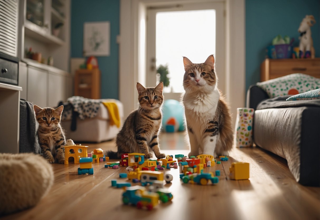 Animals gathered in a tidy living room, toys and treats scattered. Doors and gates secured. Owners reading a list of safety tips