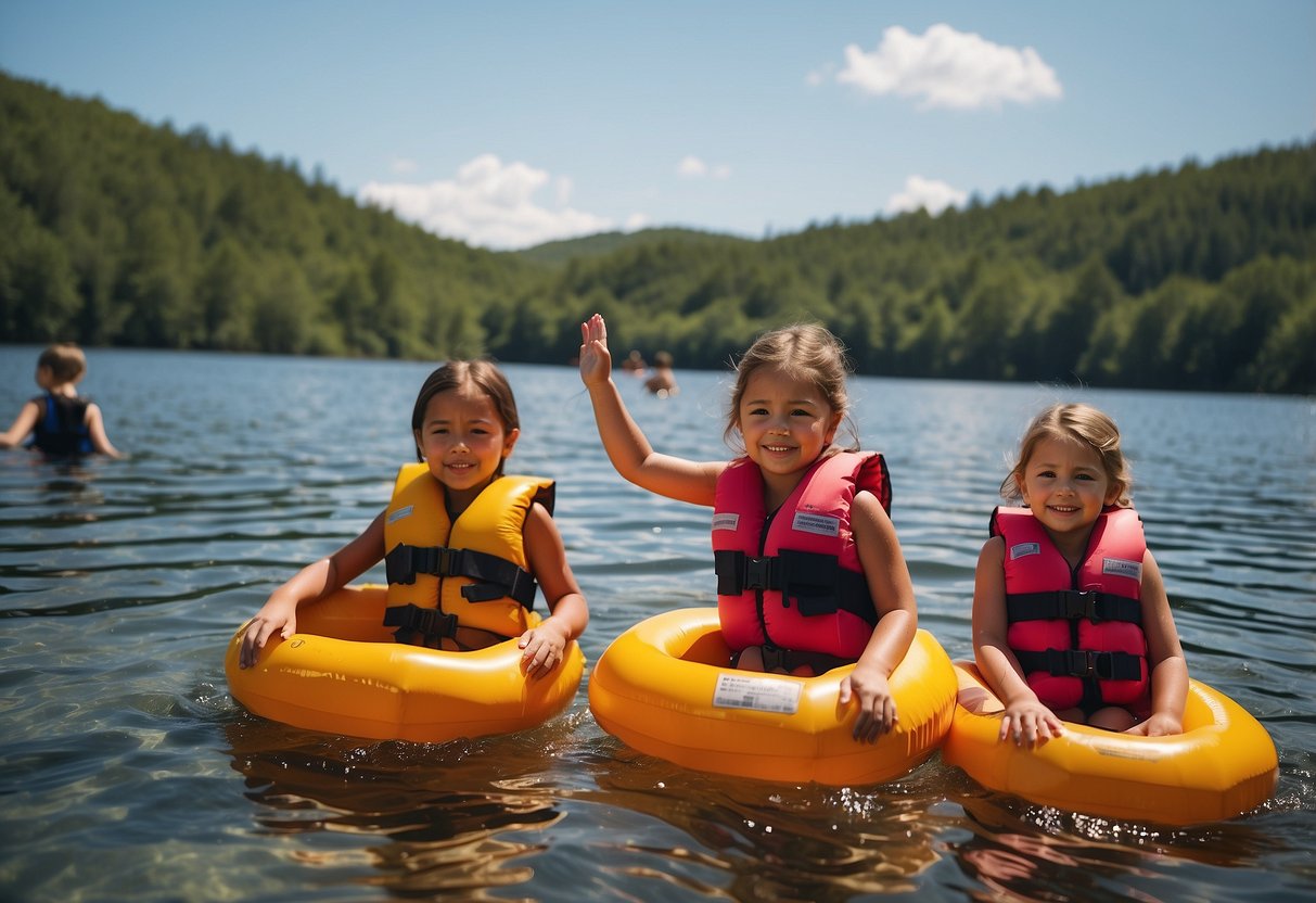 Children swim with life jackets, stay within arm's reach of adults, and never dive into unknown waters. Parents watch from the shore, equipped with safety gear