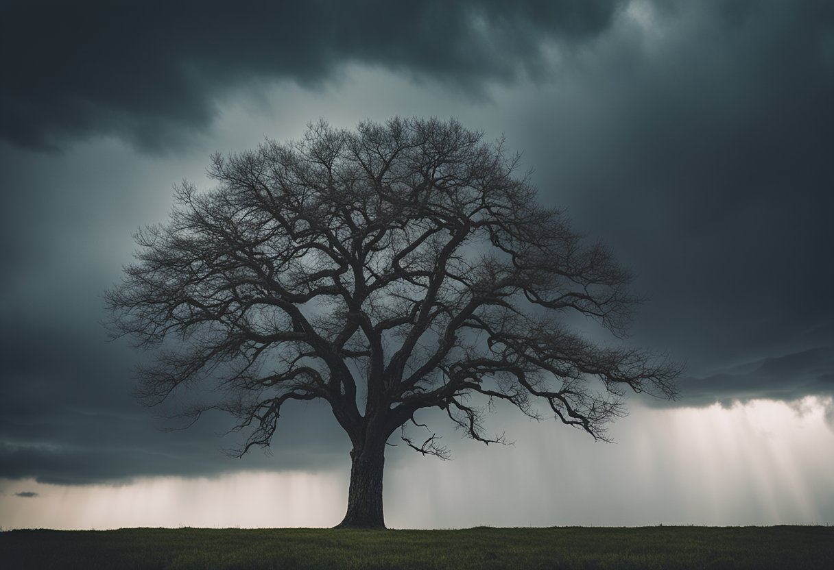 A lone tree stands tall amidst a storm, its branches bending but not breaking. The dark clouds loom overhead, but the tree remains steadfast, symbolizing emotional resilience