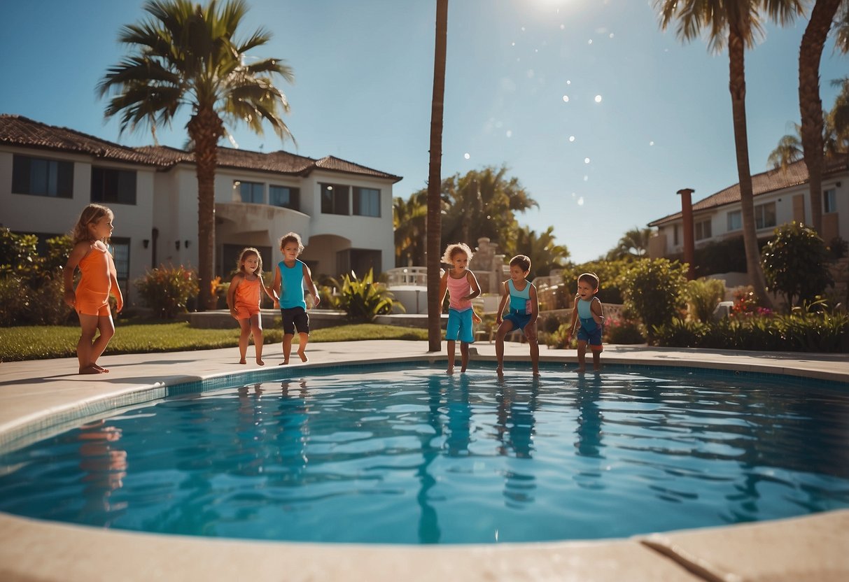 Children playing near a pool, following 10 water safety rules. Clear signage and supervision present