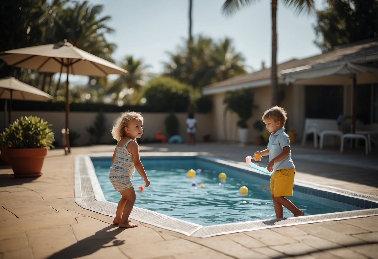 Children playing near a pool, with clear signage warning about drains and suction outlets