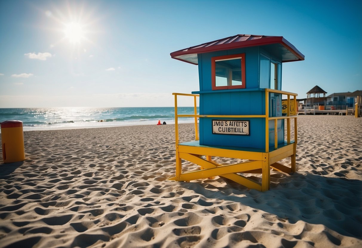 A sunny beach with clear blue water, a lifeguard tower in the distance, and a colorful sign listing water safety rules