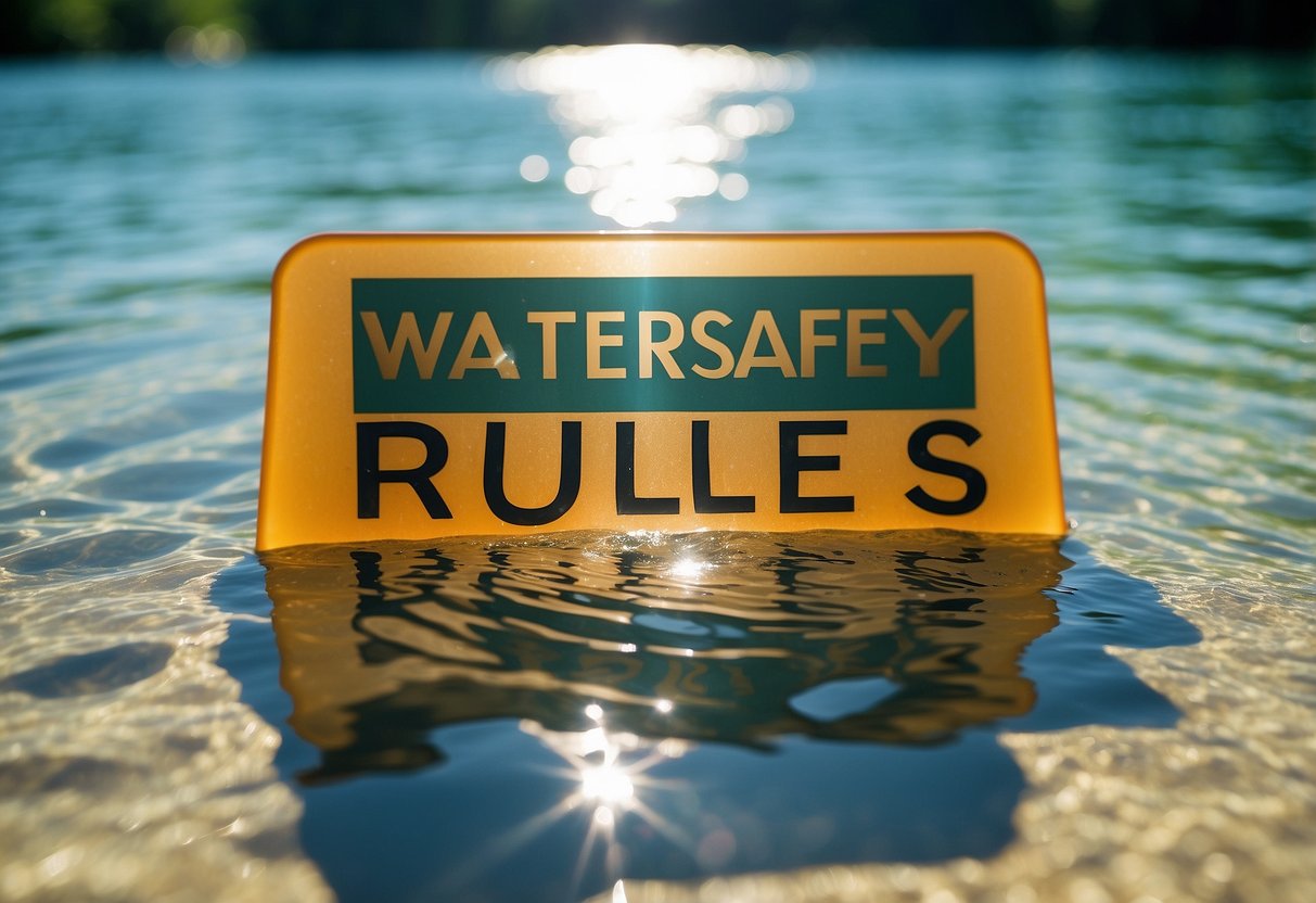 Crystal clear water with varying depths, a sign displaying "Water Safety Rules" in bold letters. Sunlight reflects off the surface, creating a serene and inviting atmosphere