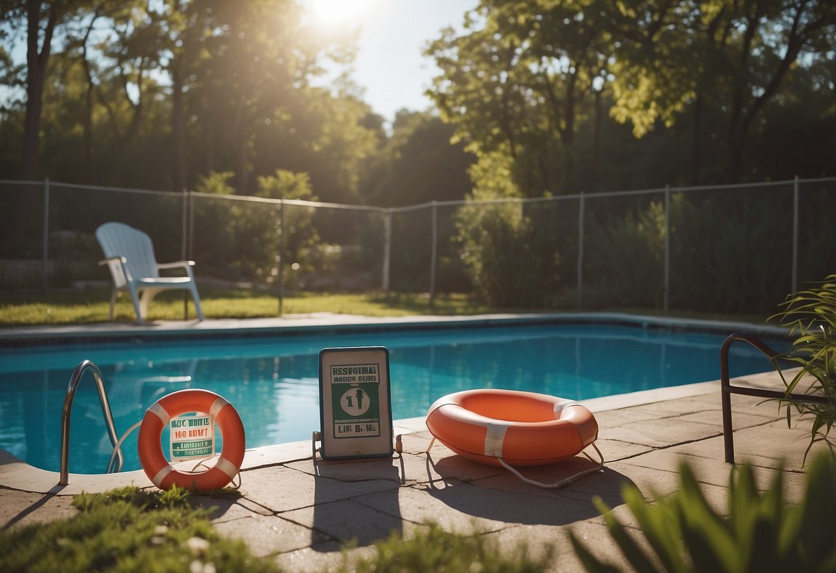 A backyard pool with a secure fence, a lifebuoy, a clear "no diving" sign, a first aid kit, a phone, and a responsible adult supervising