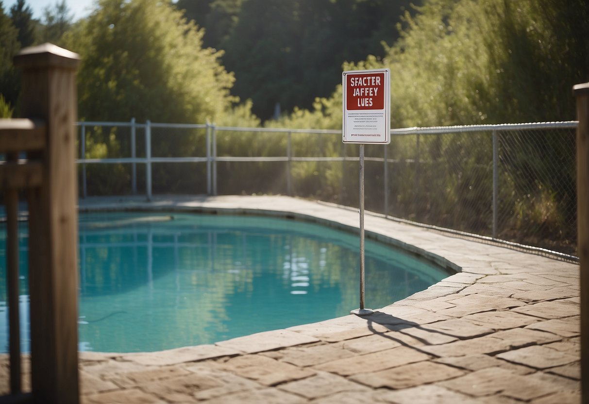 A pool with clear "Water Safety Rules" sign. A backyard with fence and locked gate. A calm lake with "7 Tips for Preventing Drowning" sign