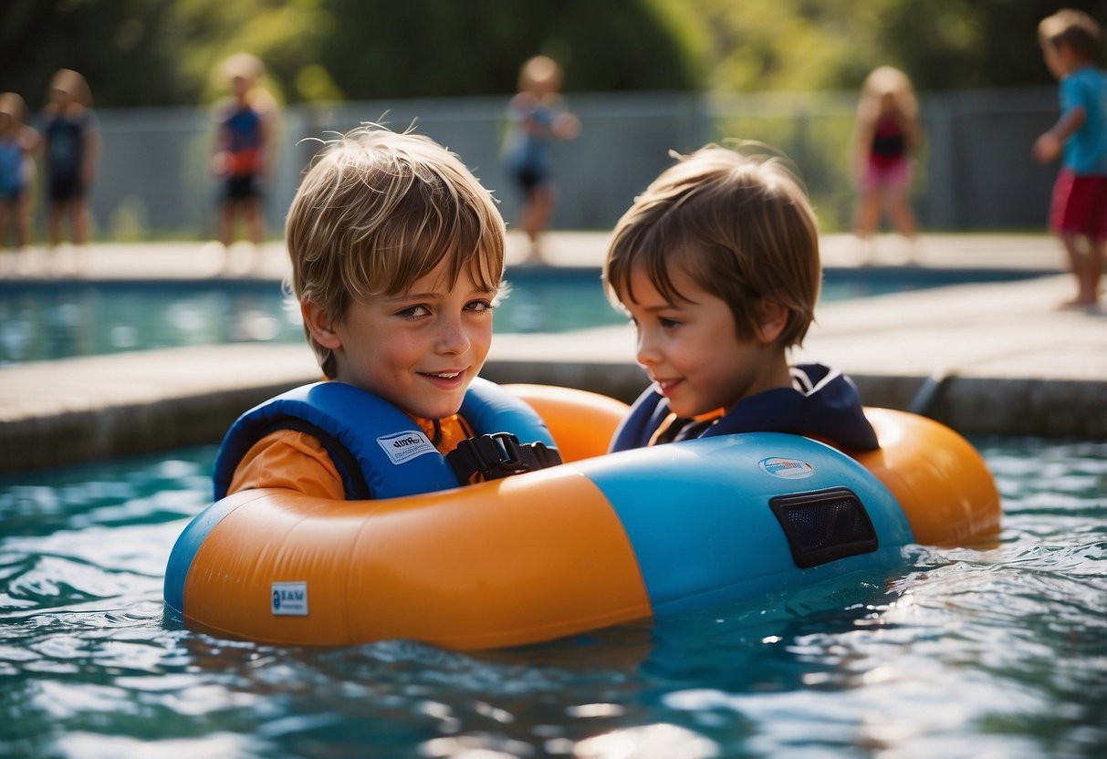 Children playing near water unsupervised. Parent distracted on phone. No life jackets. Fence gate left open. No designated swimming area