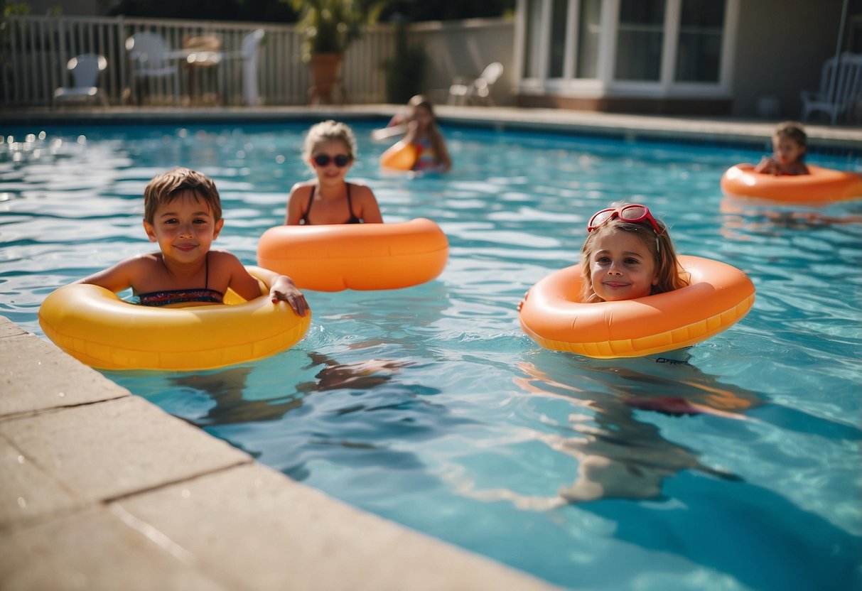 Children in pool with only floaties, unsupervised. Parent on phone, not watching. No lifeguard. Unsafe situation