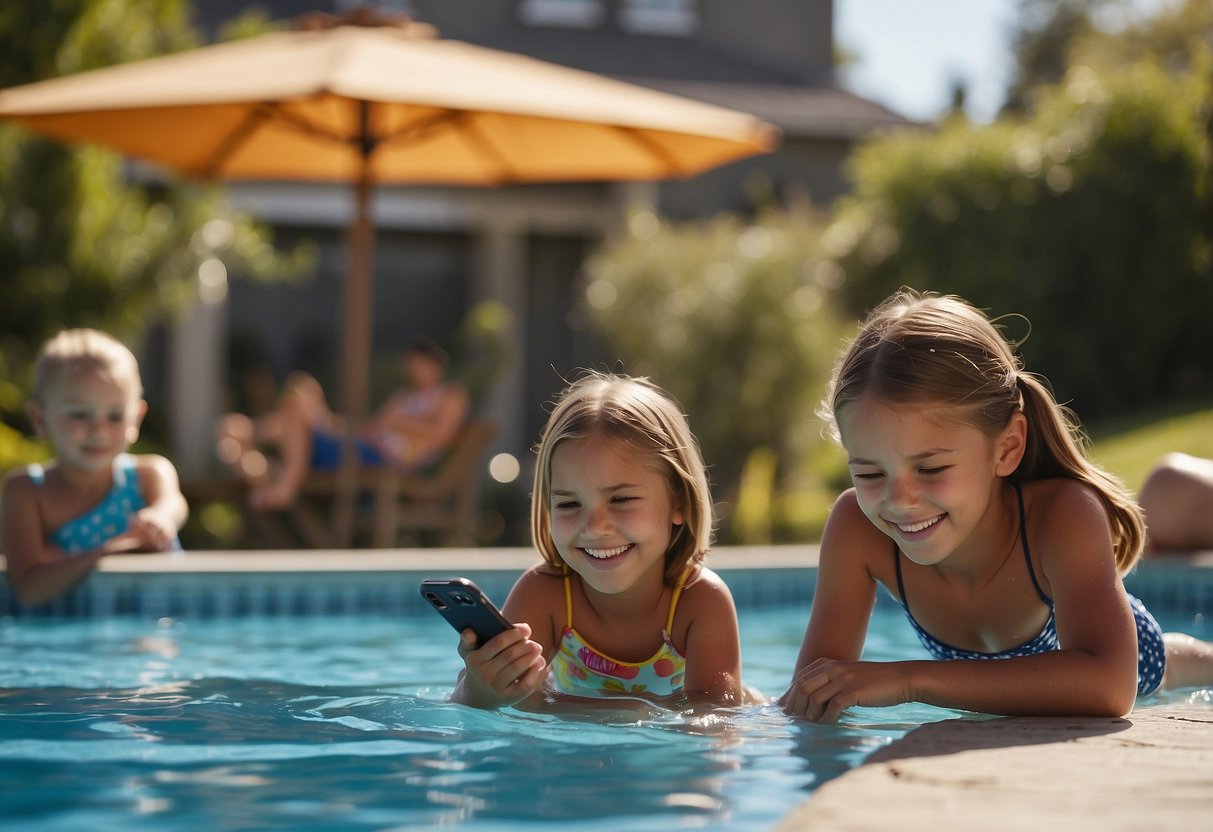 Children playing unsupervised near a pool. Parent on phone, unaware. No CPR training visible. No safety measures in place