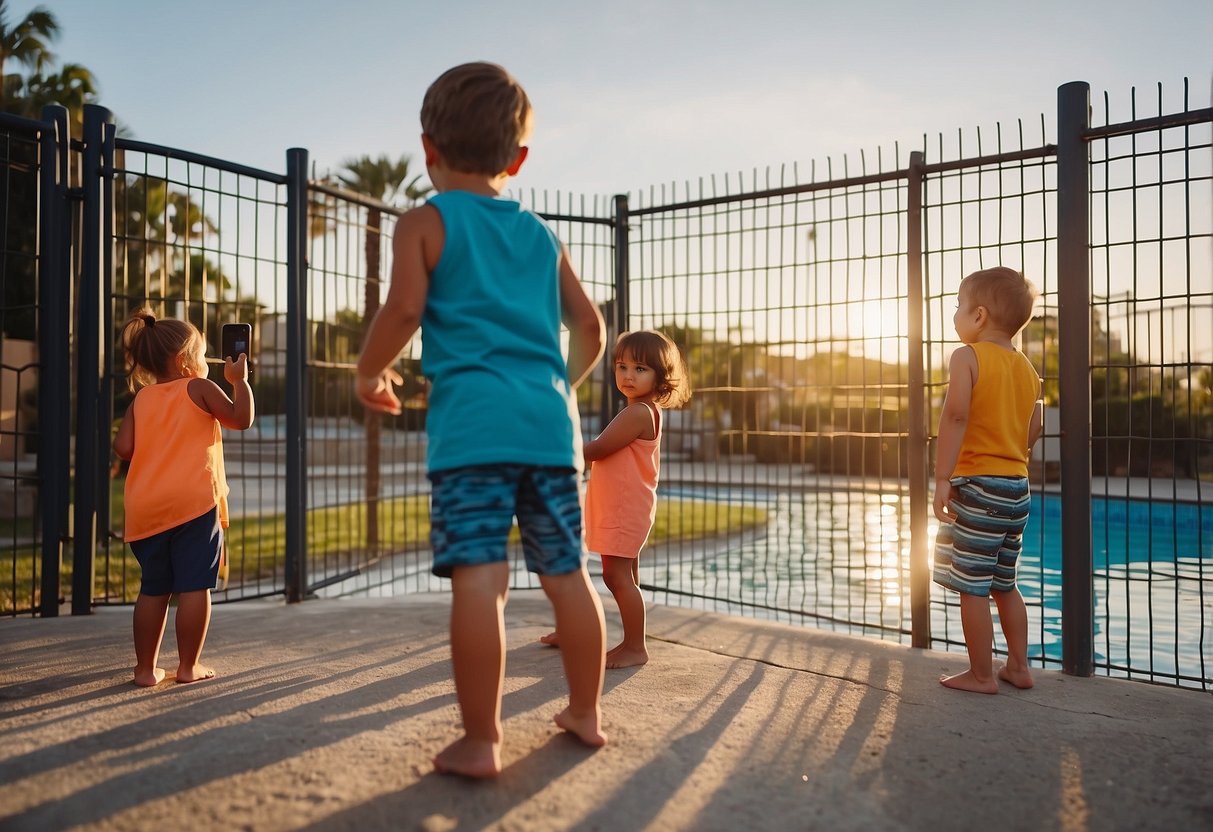 Children playing unsupervised near a pool. Parent distracted on phone. No lifeguard on duty. Fence gate left open. No life jackets