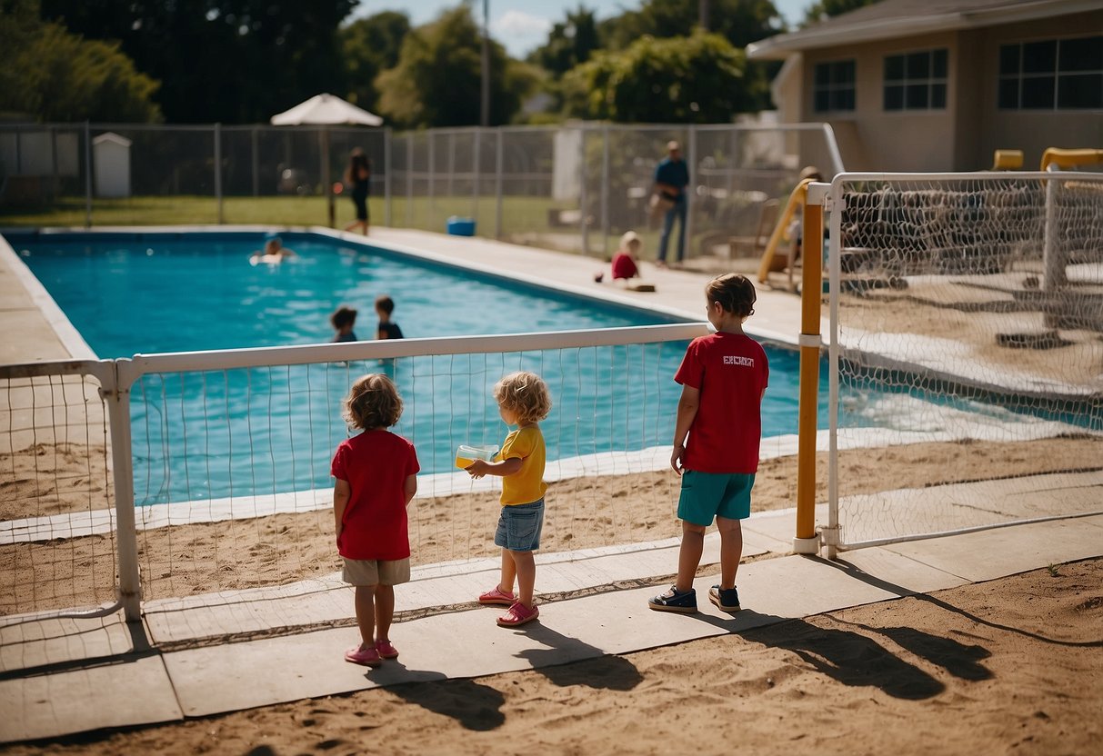 Children play in a fenced pool area with a lifeguard on duty. Safety signs are posted, and a first aid kit is visible. A parent watches from a nearby shaded area