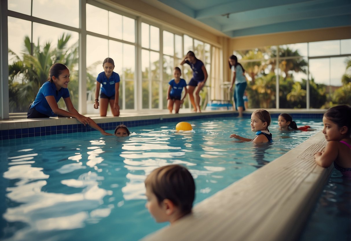 Children in a pool with a swim instructor demonstrating safety techniques. Signs advertising "Swimming Lessons" in the background