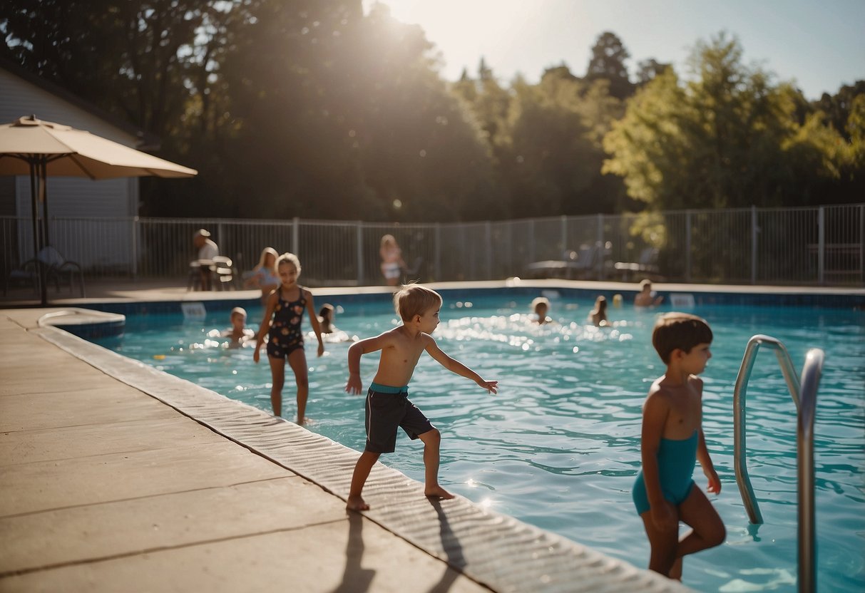 Children swim in a pool while an adult watches closely. Safety equipment is nearby. Signs with pool rules are posted. The area is well-lit and fenced