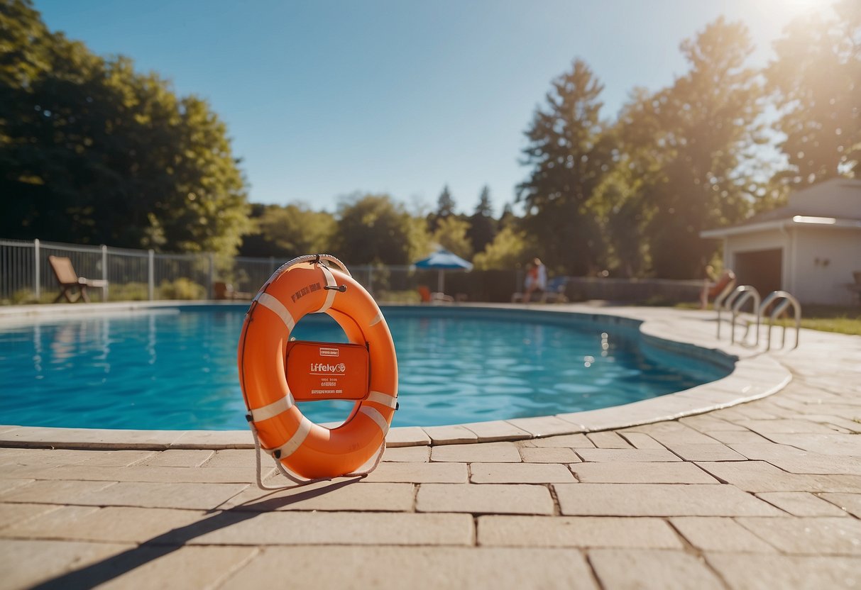 A poolside scene with a lifebuoy, first aid kit, and safety signs. A parent watching over kids swimming. Clear blue water and a sunny sky