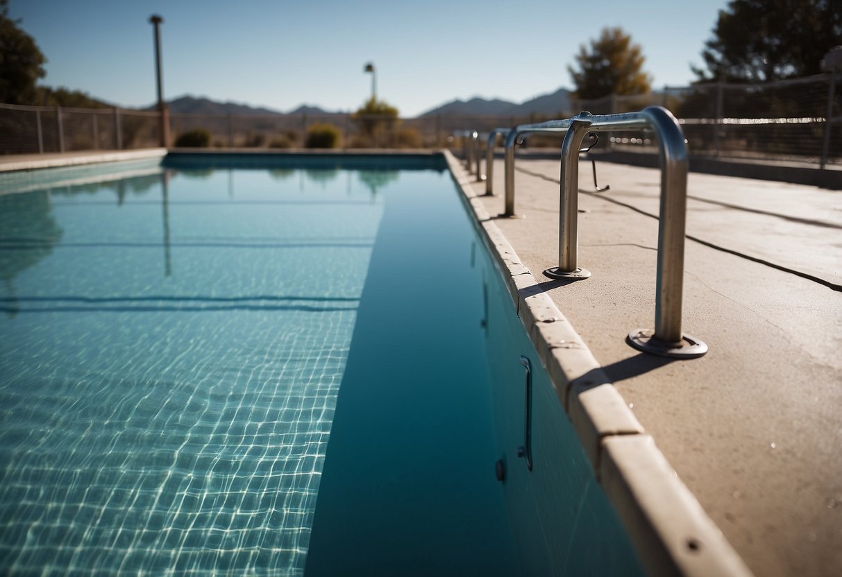 A clear pool with a secure fence, clean water, depth markers, and safety equipment nearby. No slippery surfaces, proper lighting, and visible pool rules posted