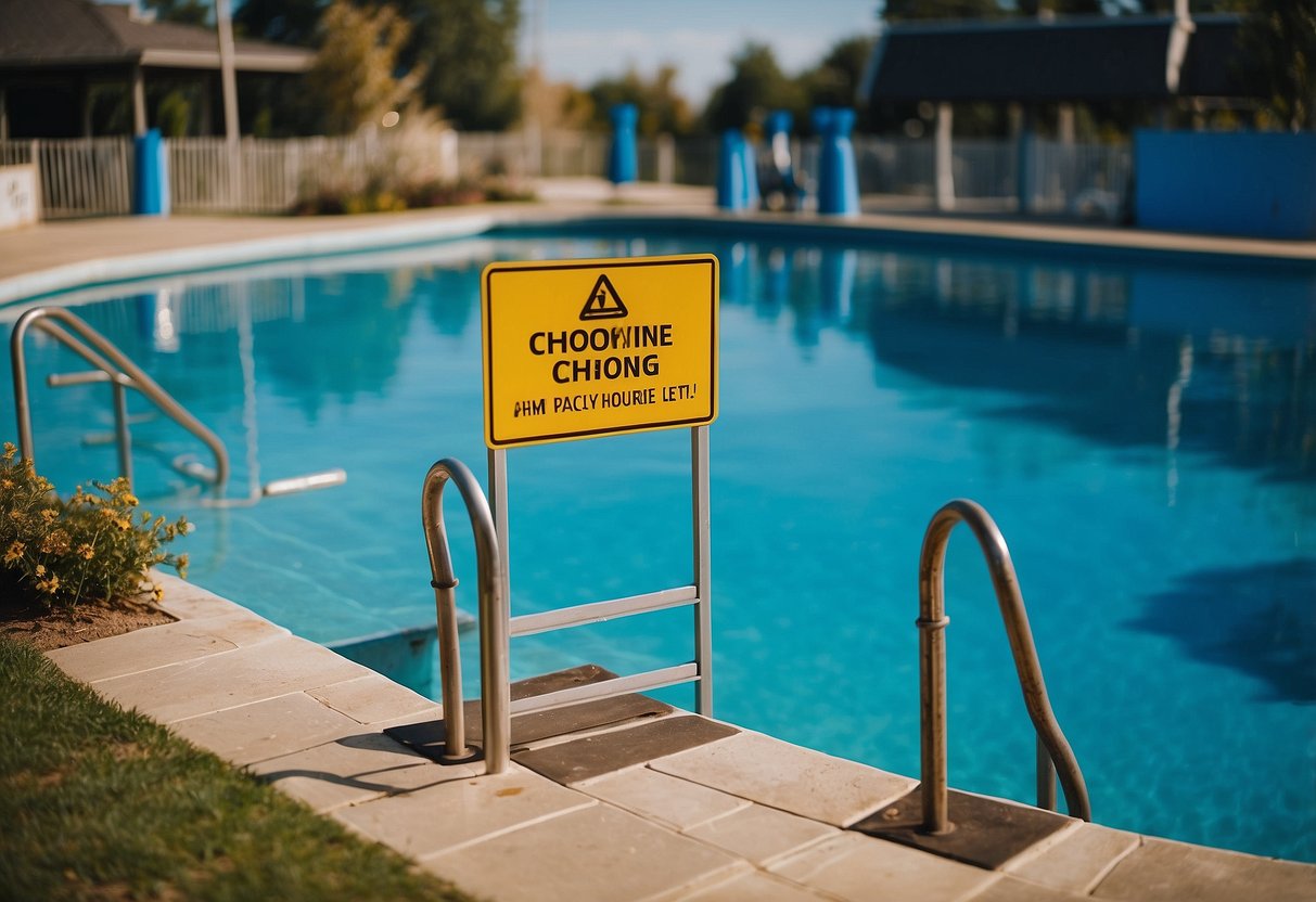 A clear blue pool with a well-maintained chlorine level, surrounded by safety signs and a child-friendly environment