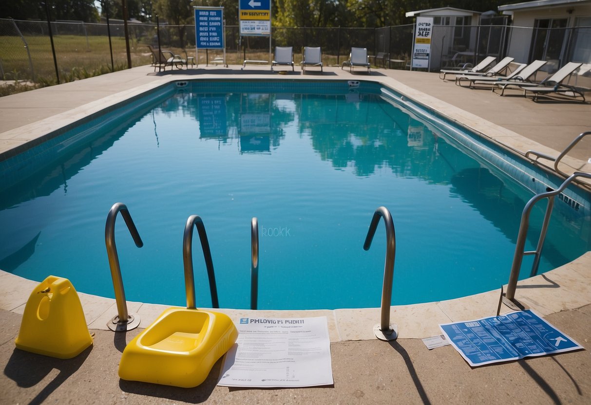 A clear blue pool with a pH test kit reading between 7.2 and 7.8, surrounded by 10 safety signs indicating the pool is safe for children to swim in